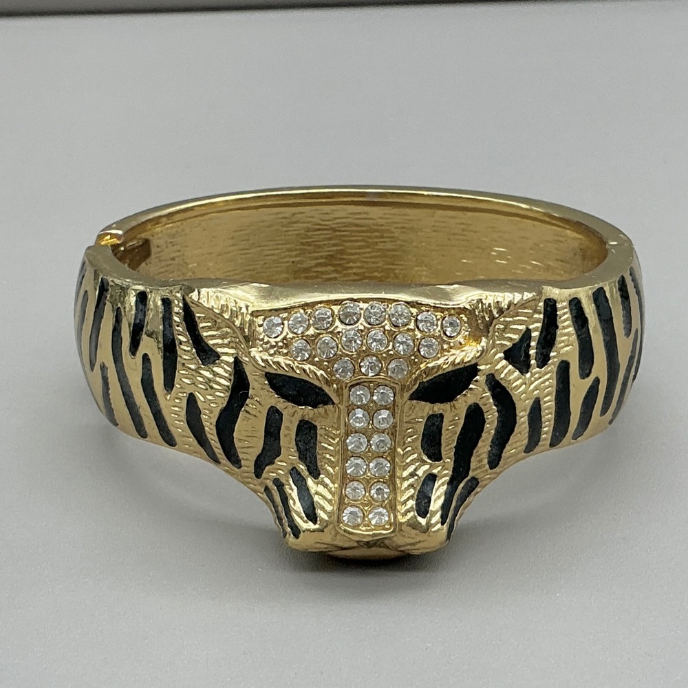 Tiger Head Bangle Bracelet Women Gold Black Animal Print Rhinestone Hinged Cuff